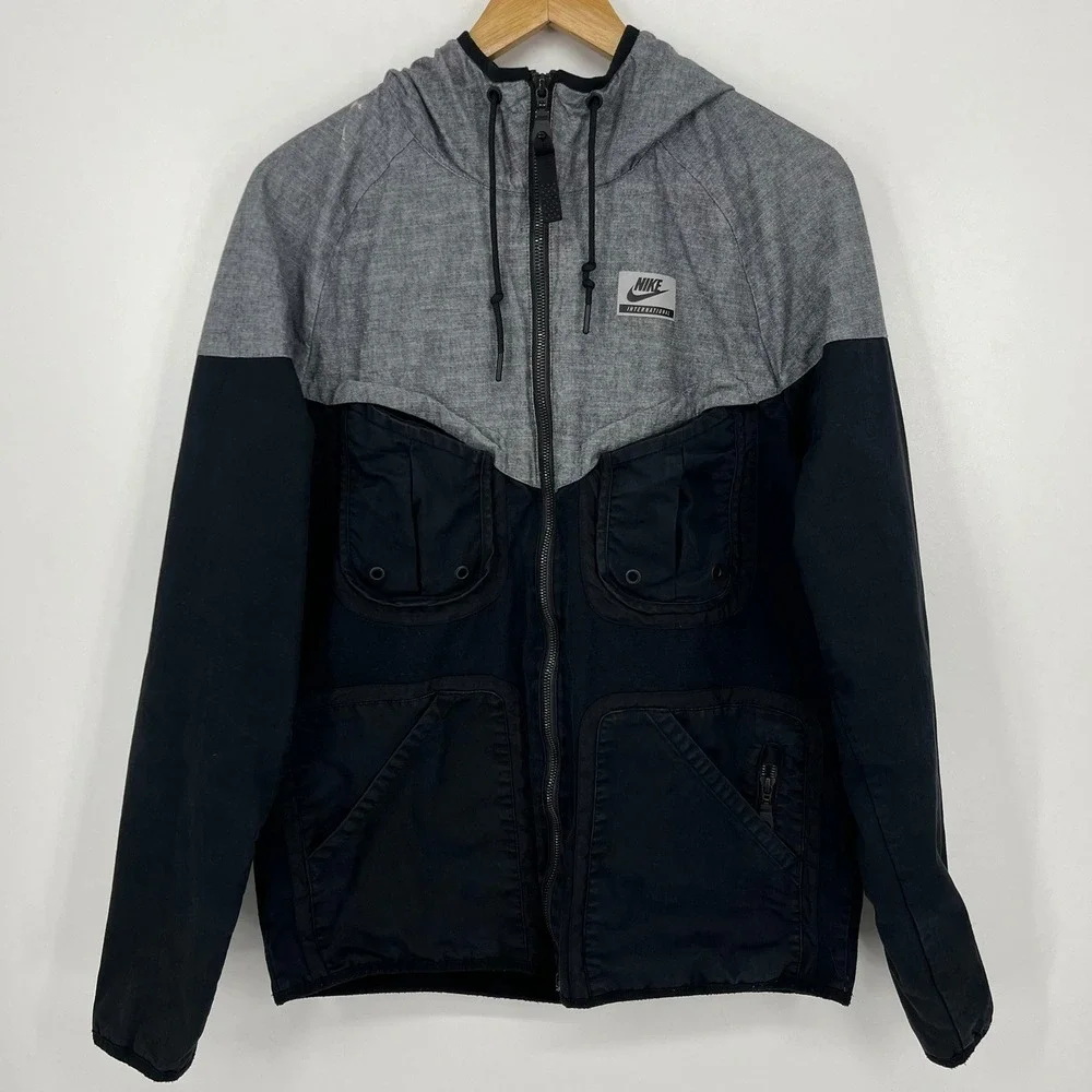 Nike International Mens Colorblock Full Zip Hooded Utility Jacket Grey Black S